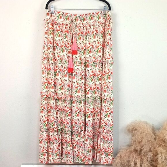 Gibson Latimer Womens Floral tiered Maxi Skirt with Tassels cottagecore boho 12 - Picture 3 of 11